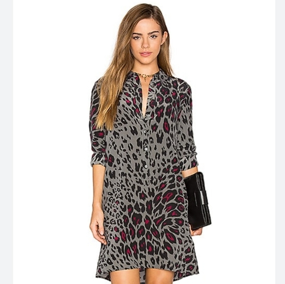 Equipment Femme Lucida Long Sleeves Button Up T-shirt Silk Cheetah Print Dress